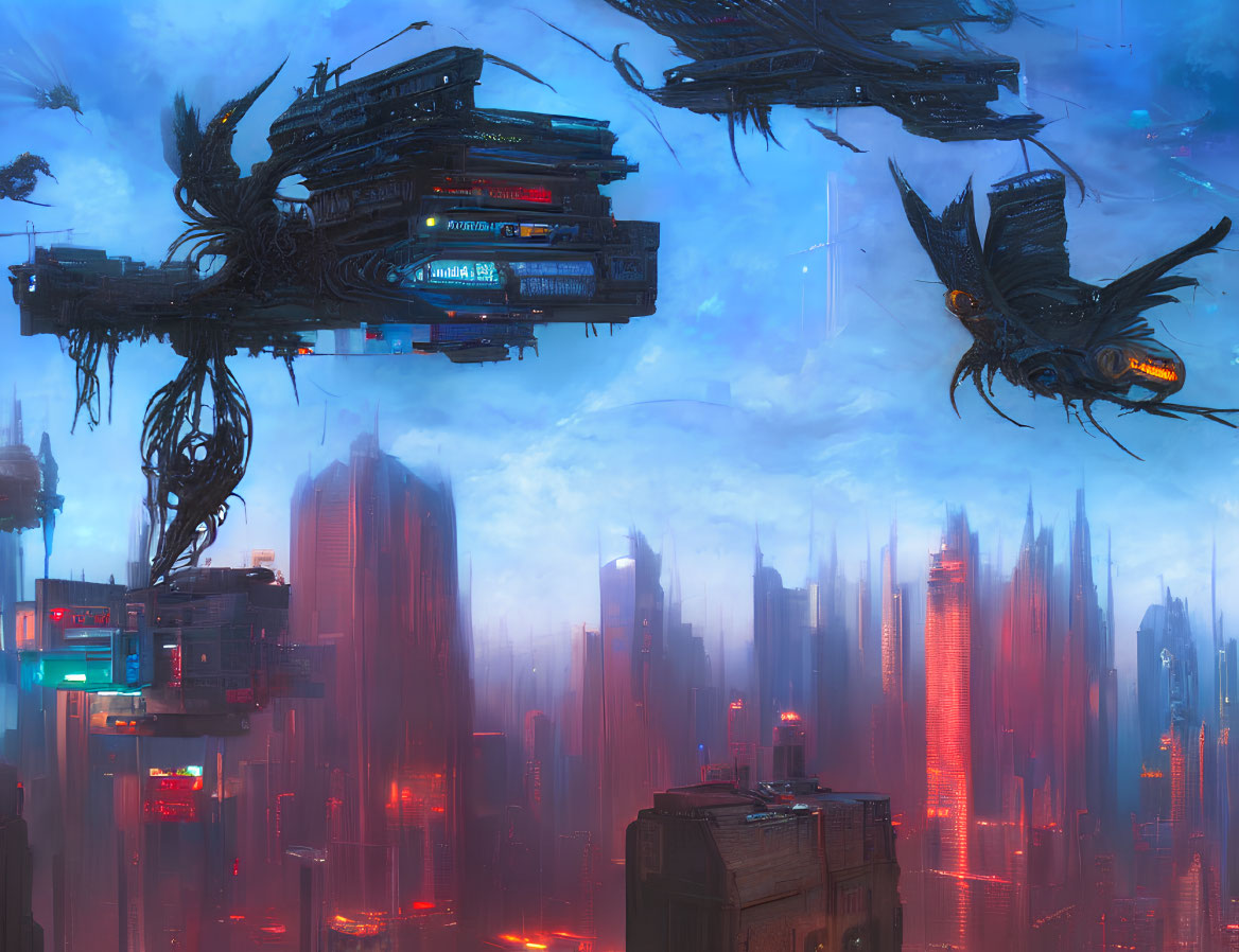 Futuristic cityscape with mist, skyscrapers, and flying bird-like structures