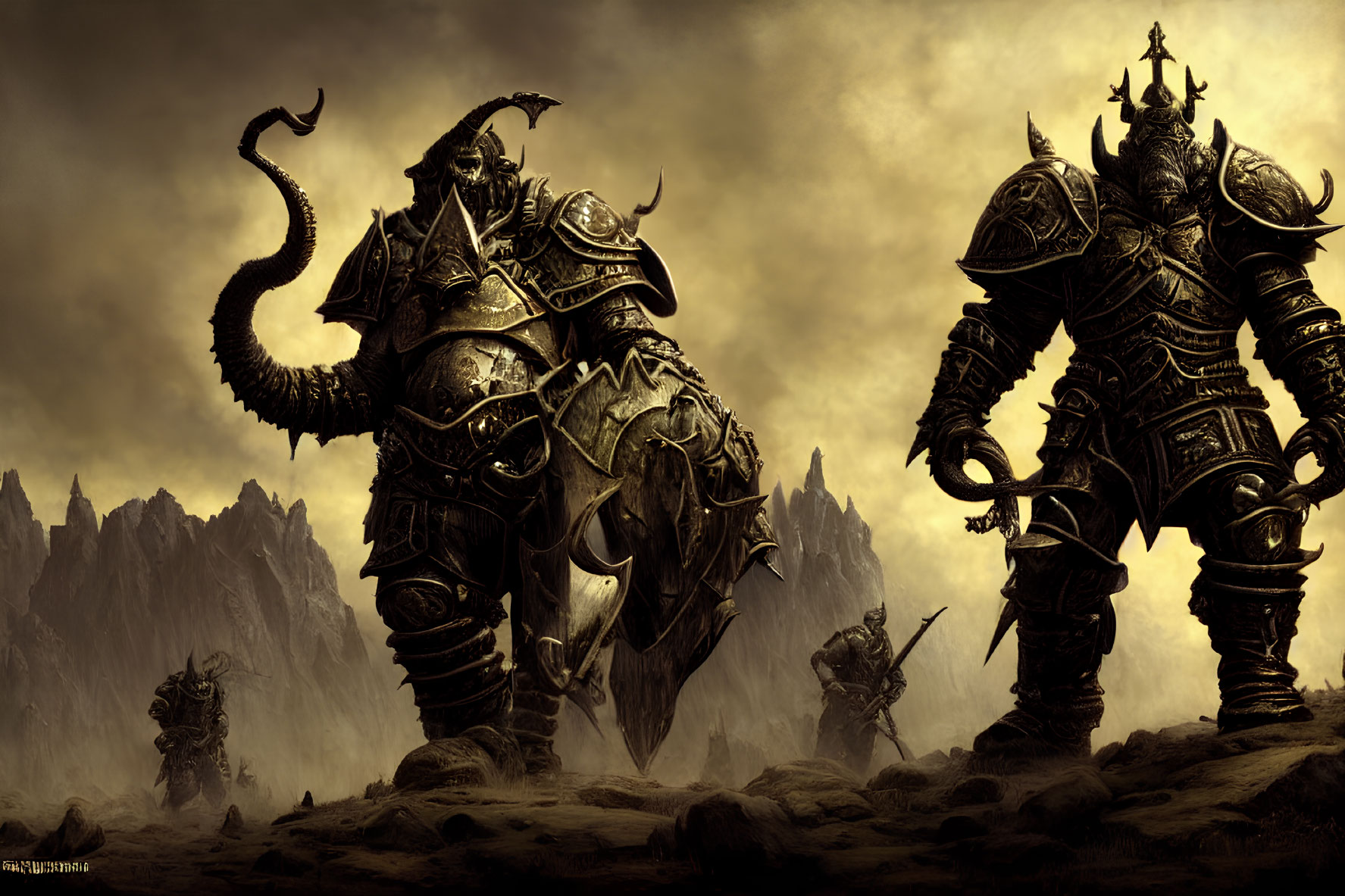 Dark Fantasy Artwork: Ominous Armored Warriors in Foreboding Landscape