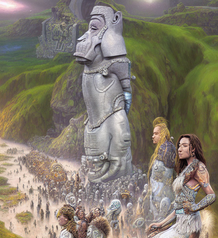 Gigantic stone statue overseeing tribal warriors and landscape