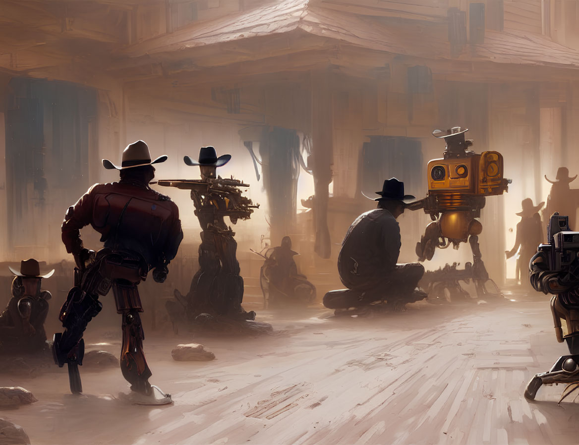 Robots and cowboys in dusty western saloon