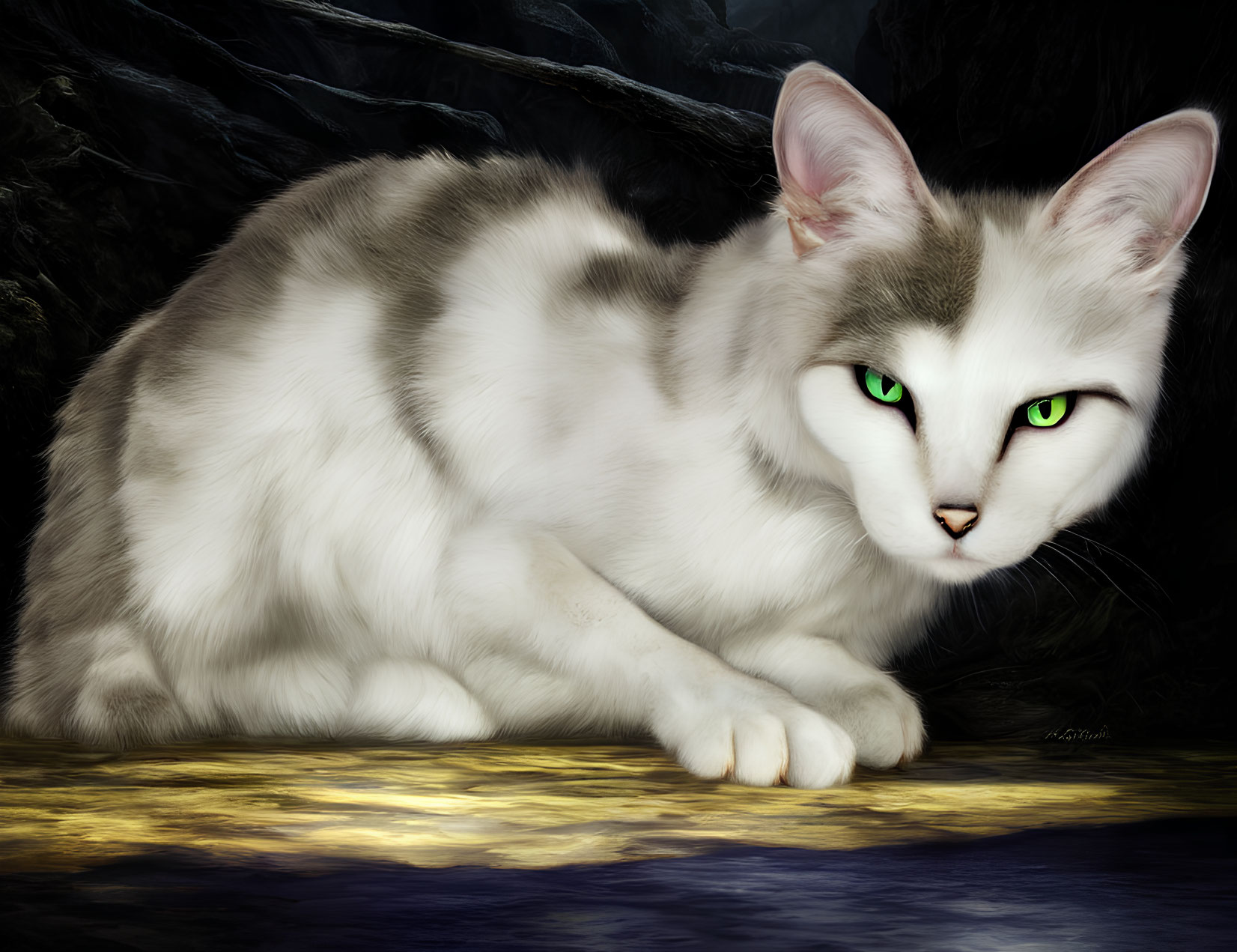 White and Gray Cat with Green Eyes in Digital Painting