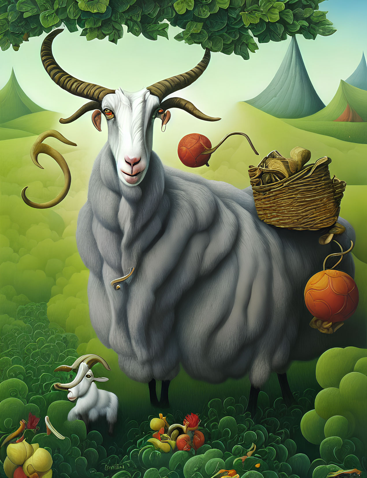 Stylized illustration of white goat with horns in green landscape