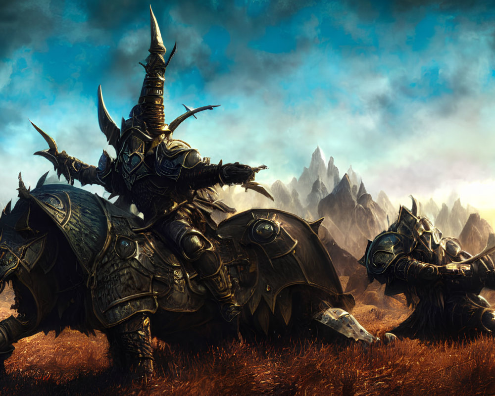 Armored knights on horseback in dark fantasy landscape