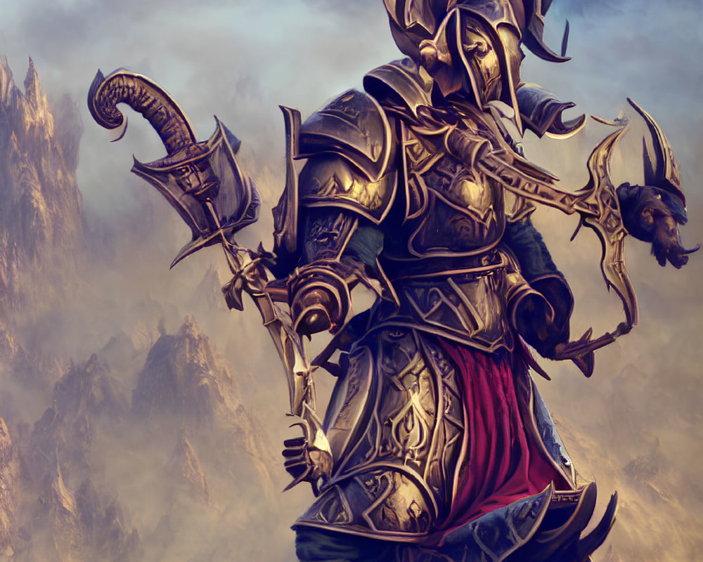 Armored warrior with horned helmet and curved sword in fantasy setting