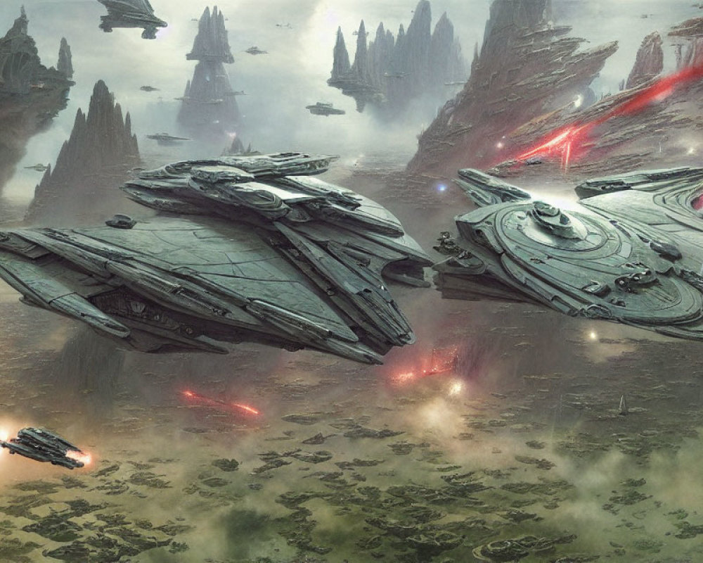 Futuristic starships battle in misty alien landscape