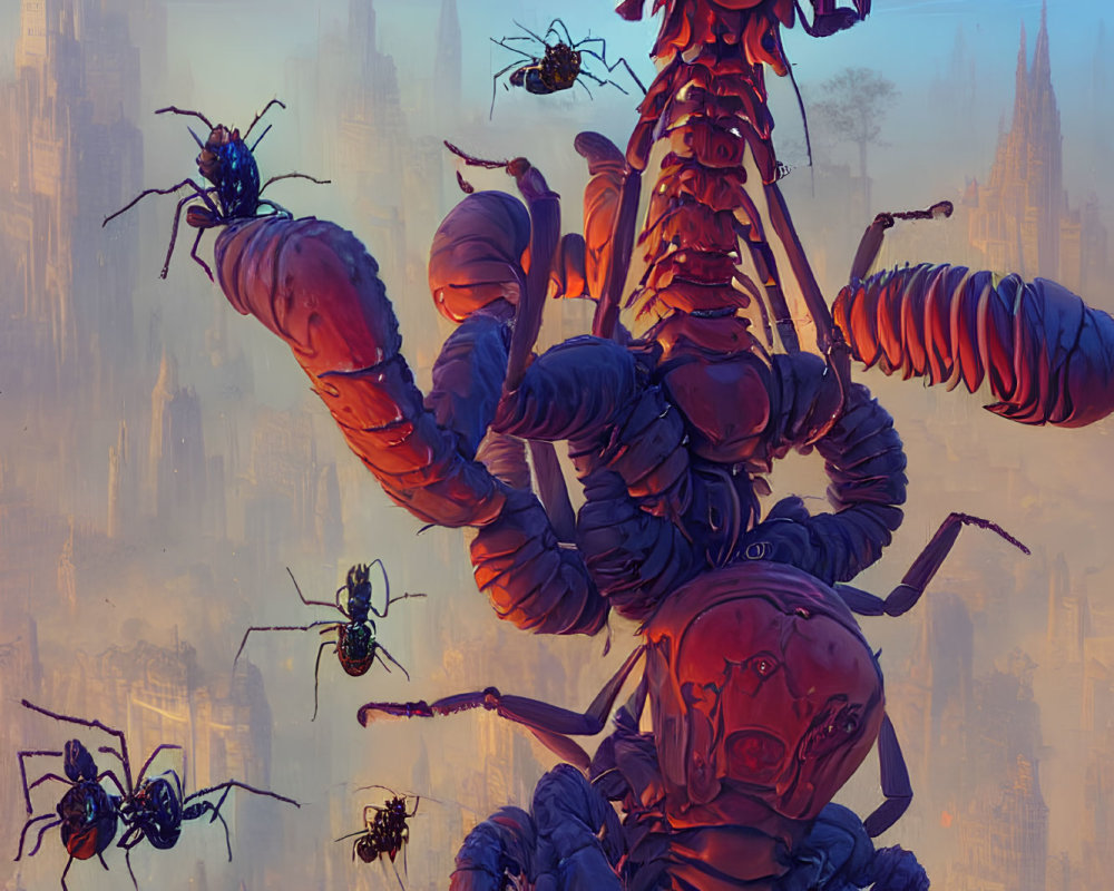 Enormous biomechanical centipede in dystopian landscape