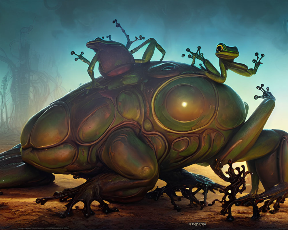 Giant mechanical frog and smaller frog in futuristic alien landscape