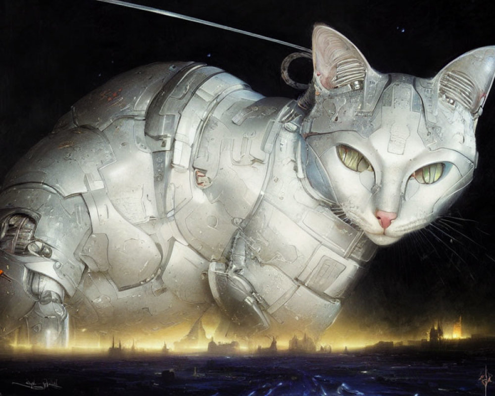 Futuristic metallic cat sculpture with glowing eyes against starry sky and cityscape