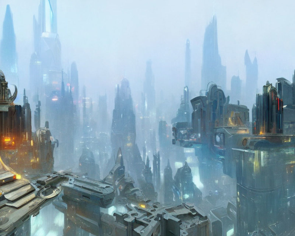 Futuristic cityscape with skyscrapers, lights, and flying vehicles in misty blue atmosphere