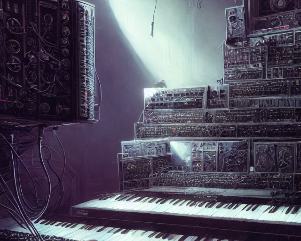Person resting head on keyboard surrounded by music equipment in illuminated room