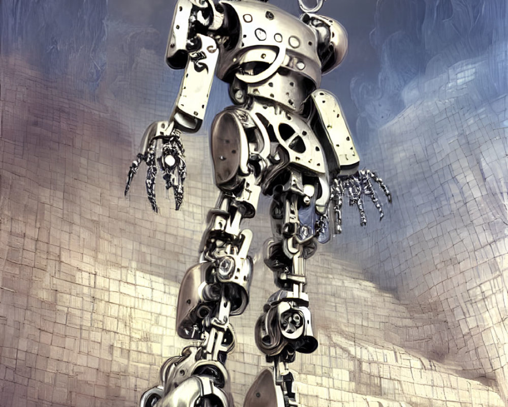 Metallic humanoid robot with blocky head and claws in tiled room with smoke