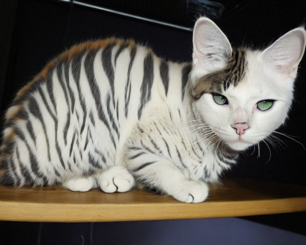 Unusual zebra-striped coat cat on wooden shelf with green eyes