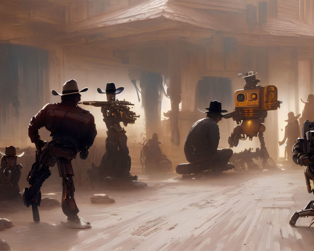 Robots and cowboys in dusty western saloon