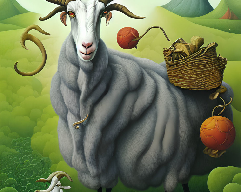 Stylized illustration of white goat with horns in green landscape