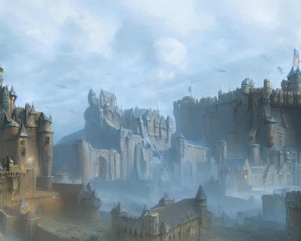 Medieval fantasy castle under full moon in misty setting