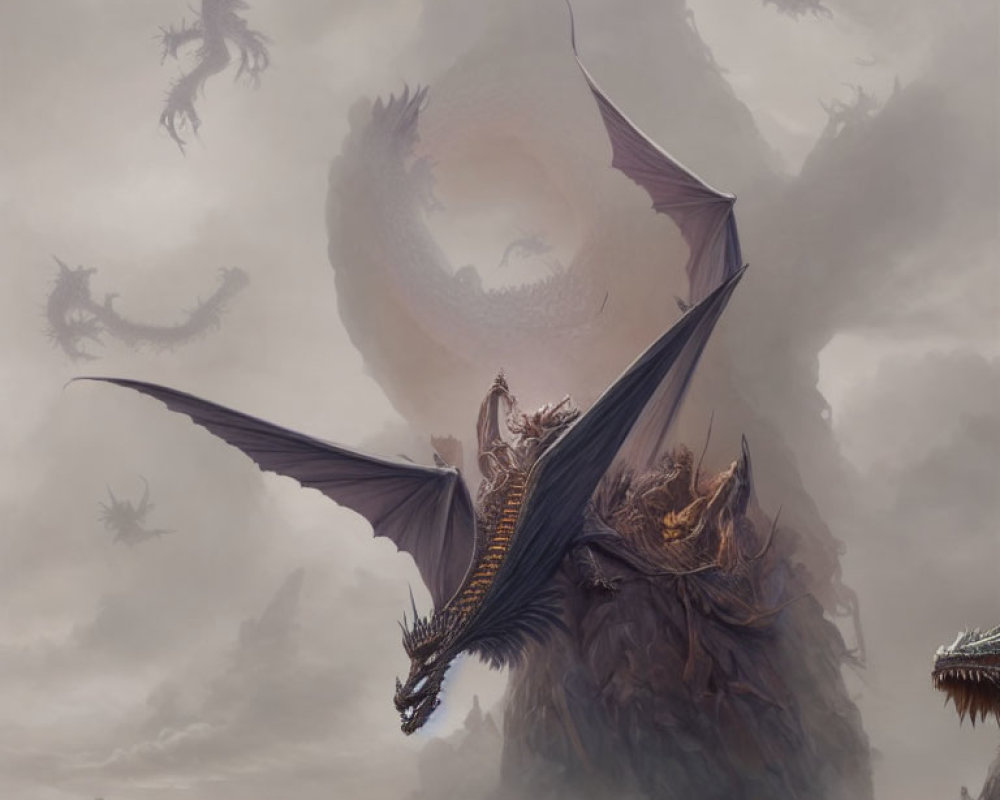 Majestic dragon with expansive wings soaring over craggy peaks
