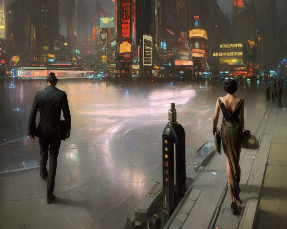 Urban scene: Two people walking on wet city street with neon signs and futuristic buildings.