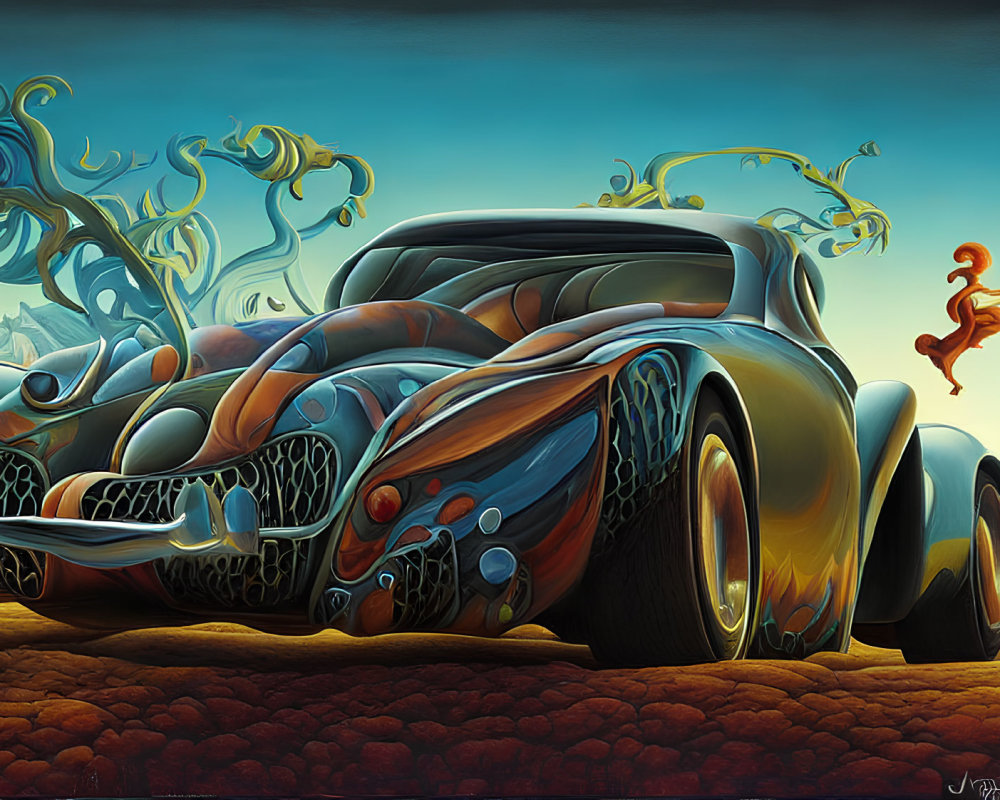 Colorful surreal artwork: stylized car with tentacle-like features on dreamlike landscape.