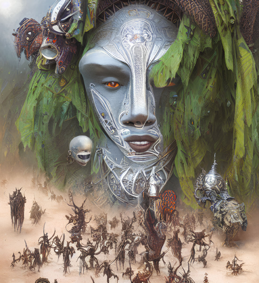 Surreal illustration of giant humanoid face with futuristic warriors.