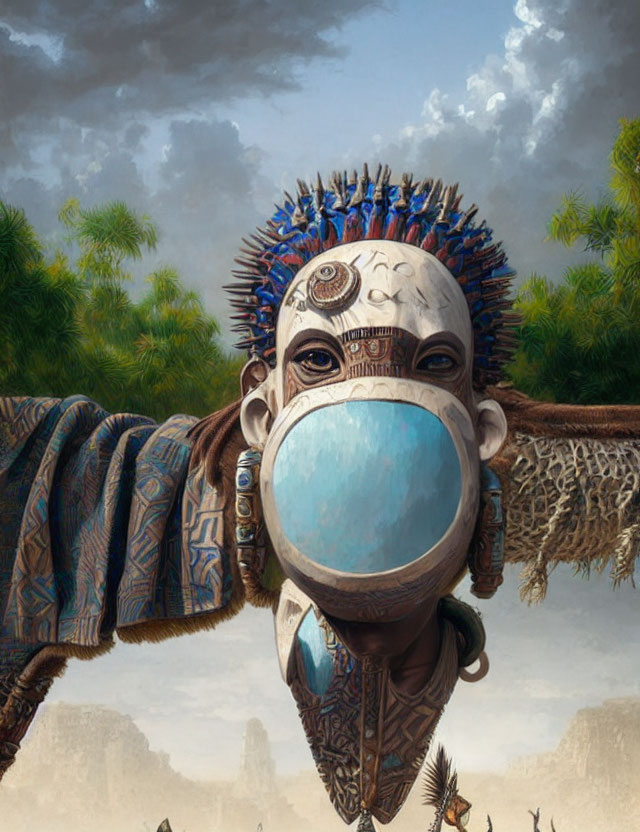 Surreal illustration of figure in tribal mask and attire against cloudy sky