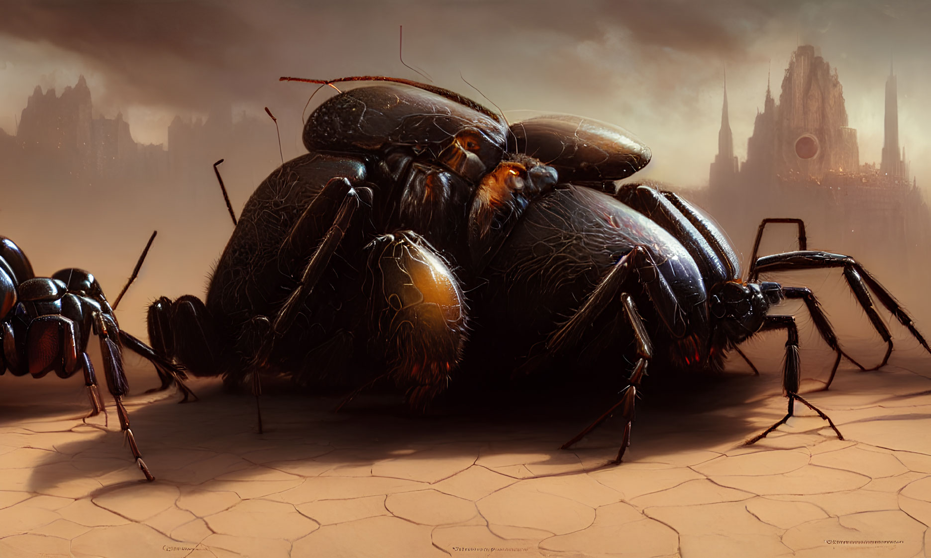 Detailed surreal scene: giant beetles on cracked ground with mysterious city and red eclipse.
