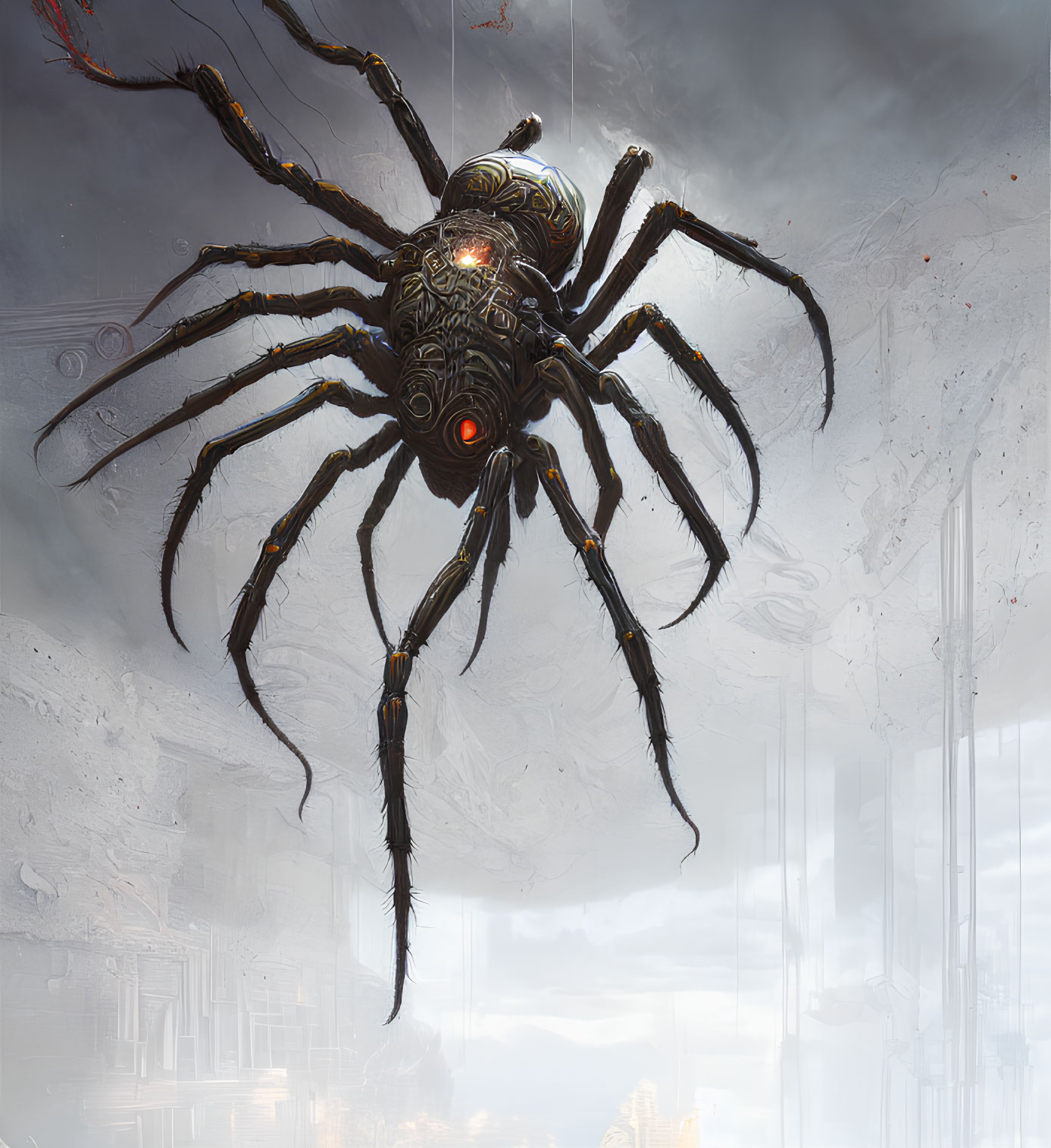 Intricate mechanical spider with glowing red eyes in futuristic cityscape