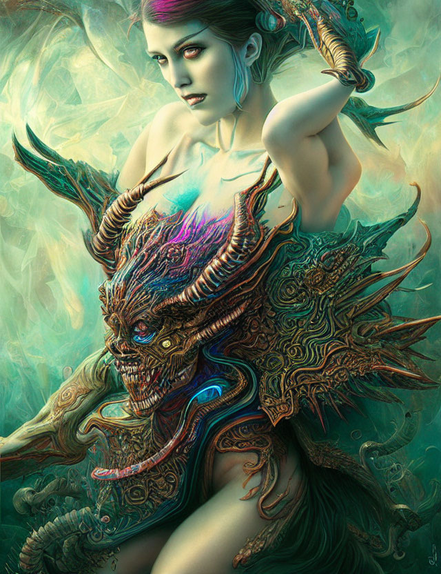 Illustration of woman with elfin features and dragon-like creature in green setting