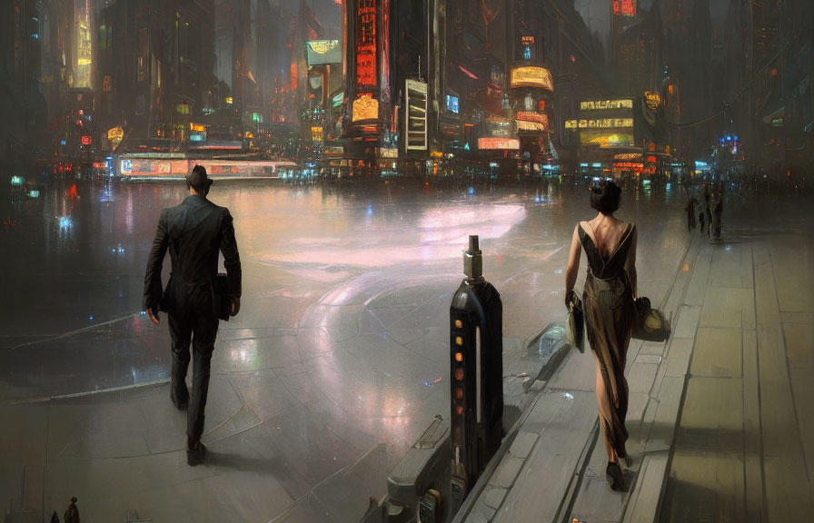 Urban scene: Two people walking on wet city street with neon signs and futuristic buildings.