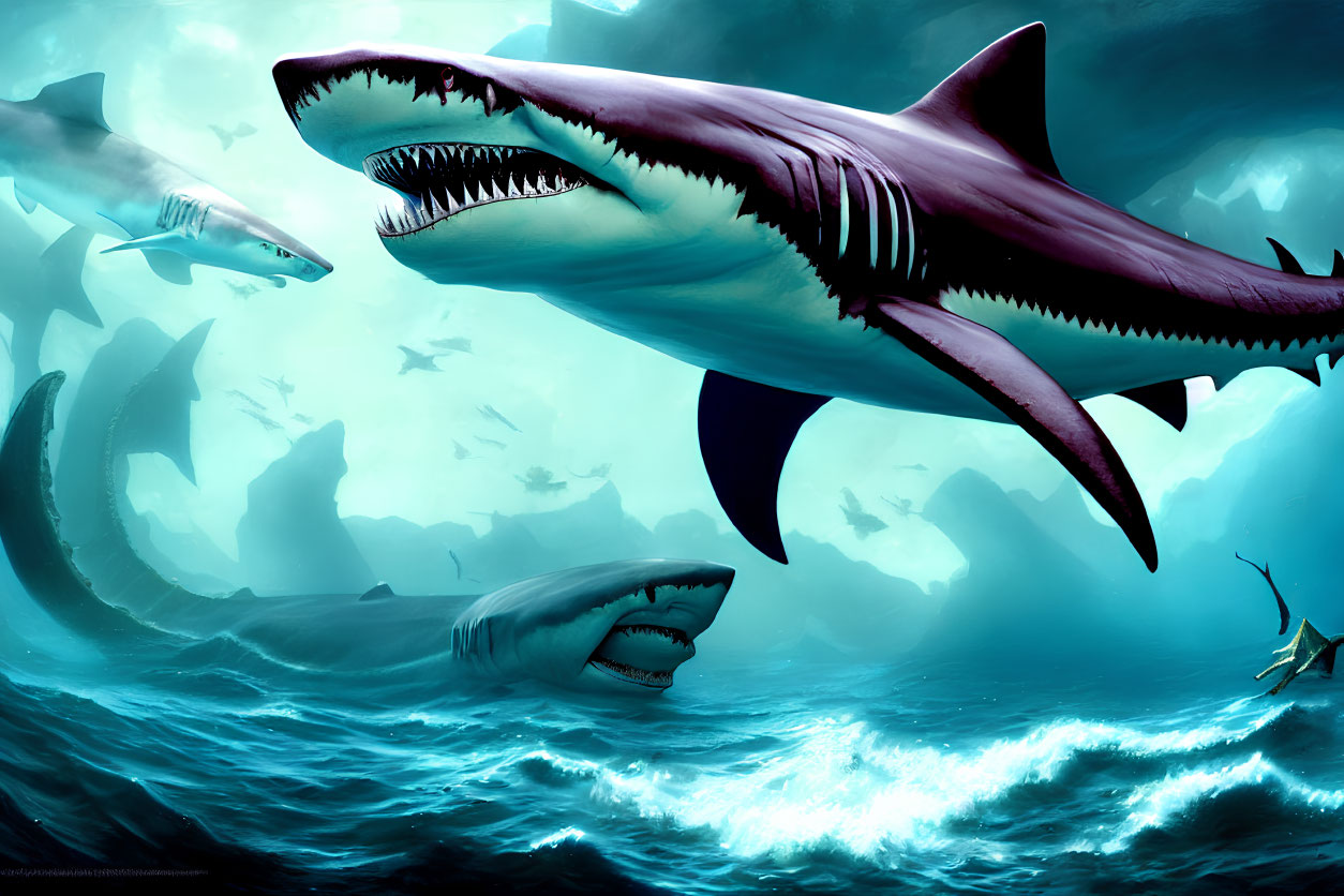 Oversized sharks in dramatic dark underwater scene
