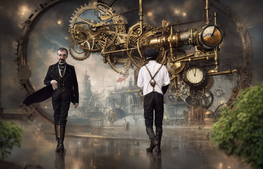 Steampunk man with giant telescope contraption in industrial fantasy setting