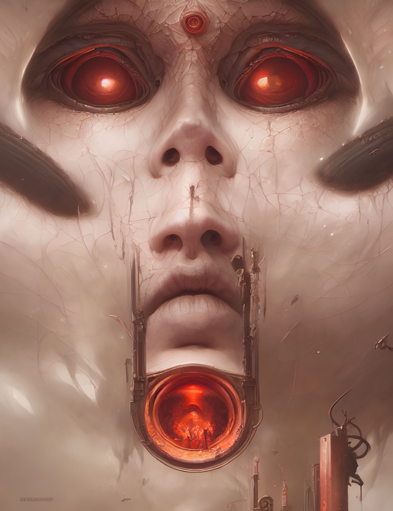 Surreal illustration of face with oversized red eyes and circular mouth aperture in dystopian city setting