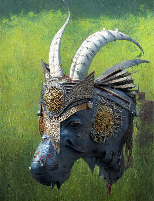 Blue-skinned creature with large horns and golden armor on green backdrop
