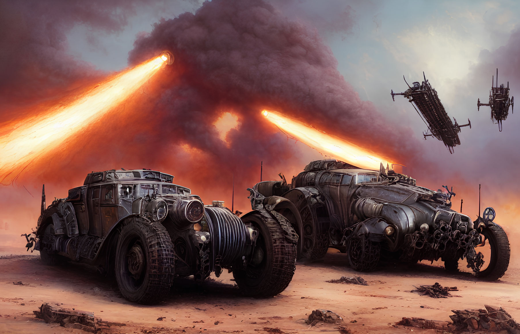 Dystopian battlefield with armored vehicles, explosions, and futuristic aircraft