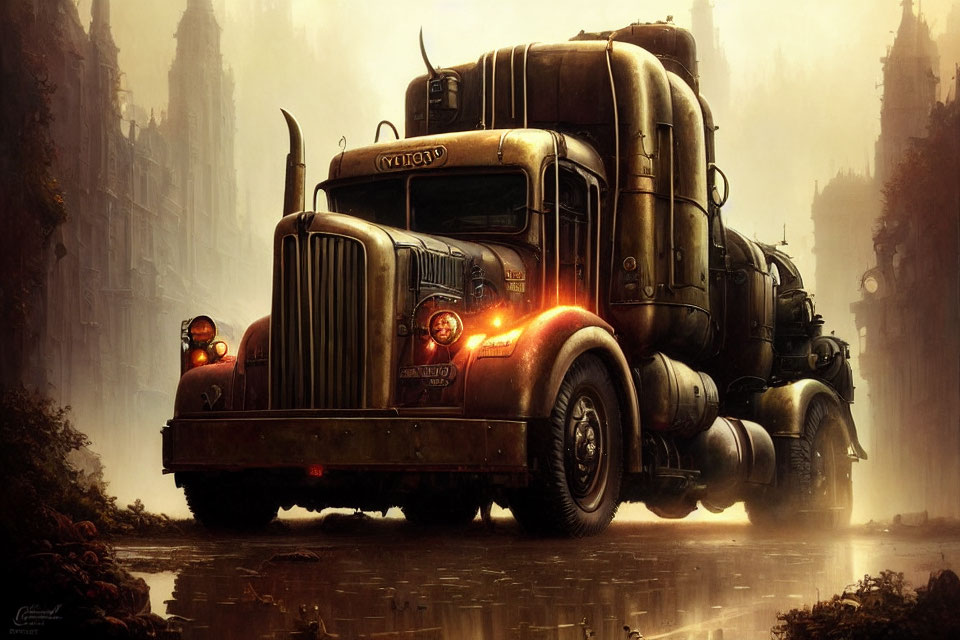 Vintage semi-truck in foggy dystopian landscape with gothic architecture