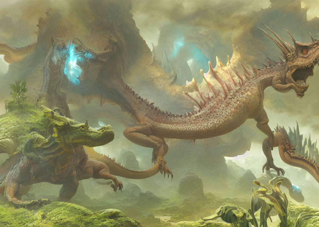 Fantastical landscape featuring giant dragons in lush vegetation and ruins