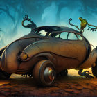 Colorful surreal artwork: stylized car with tentacle-like features on dreamlike landscape.