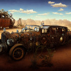 Customized post-apocalyptic vehicles in a desert landscape