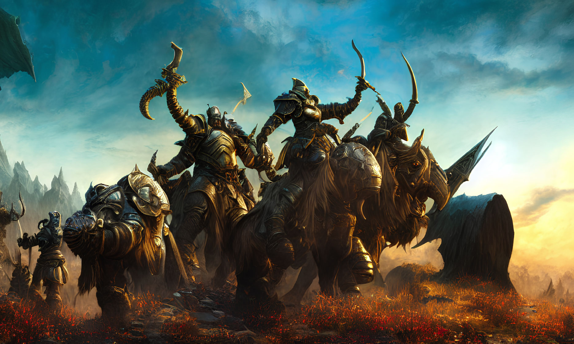 Armored warriors on rhinoceros-like creatures in dramatic fantasy landscape