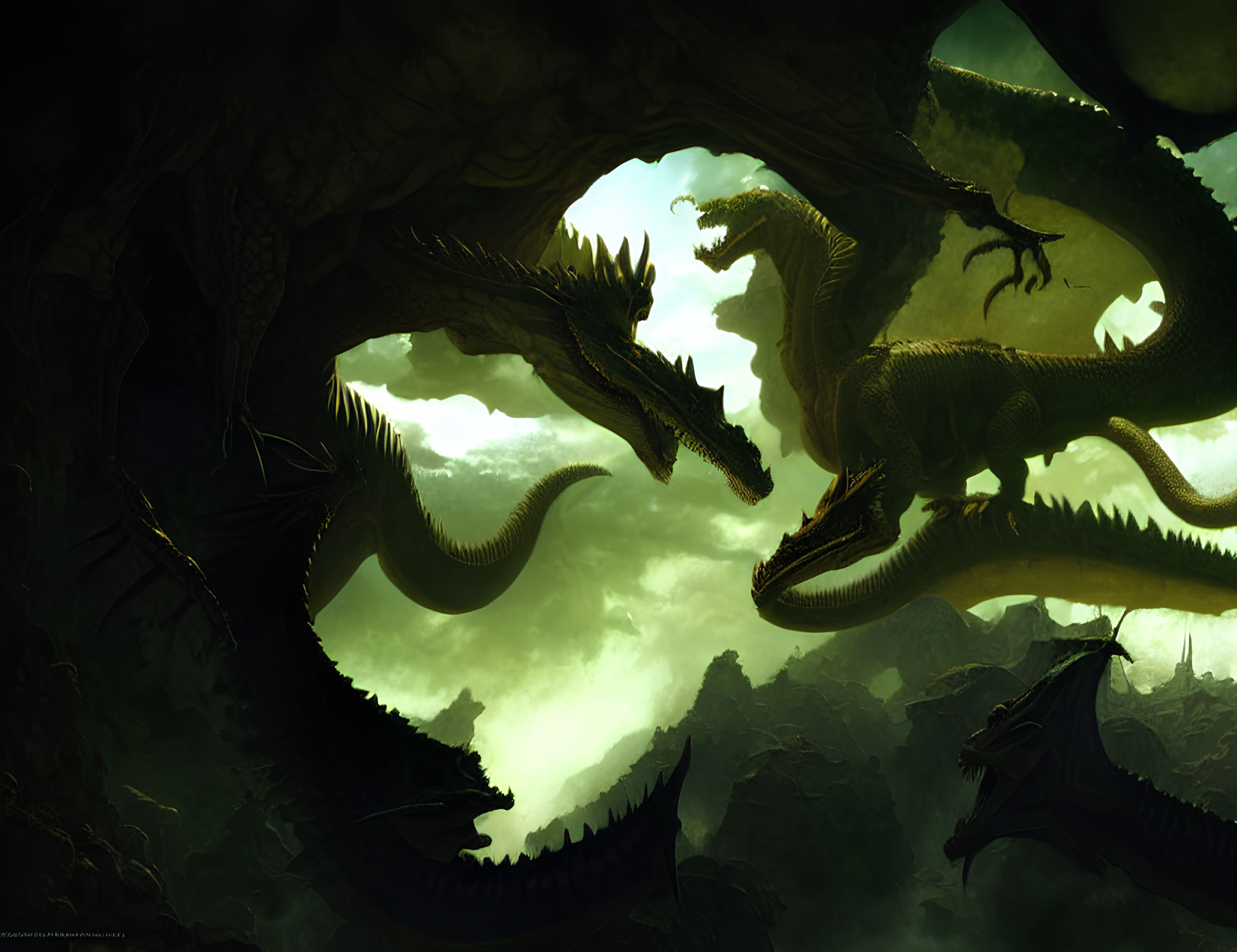 Four majestic dragons silhouetted in dark cavern with eerie green glow.