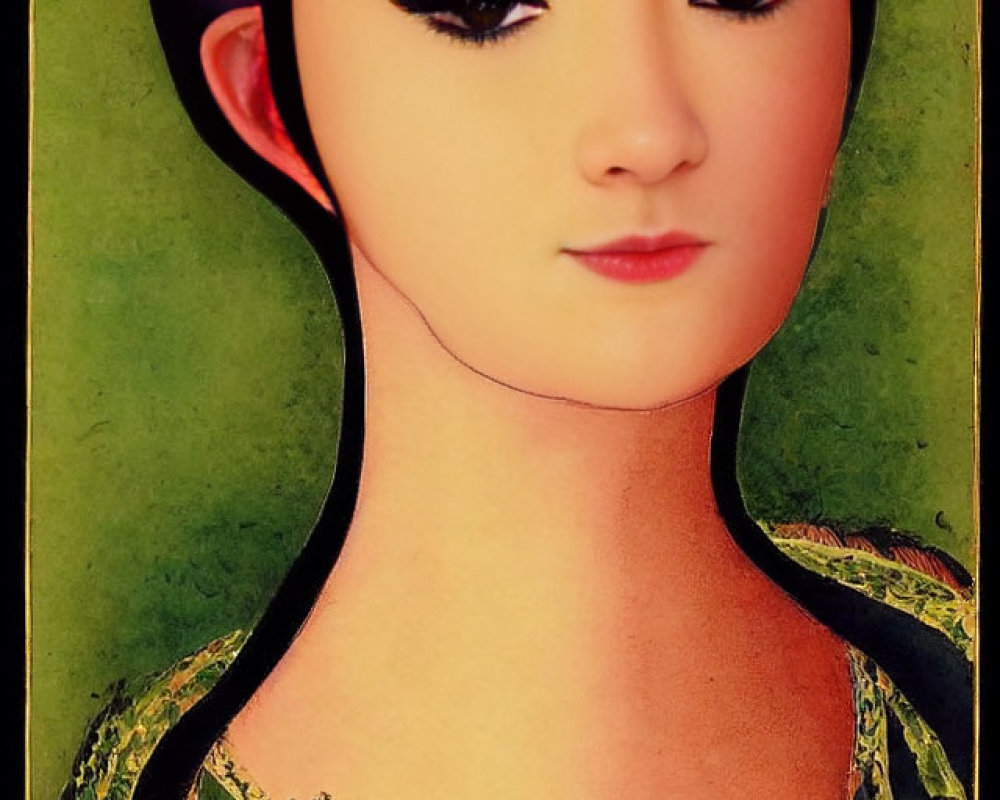 Portrait of a Woman with Asian Features in Green Top and Headpiece