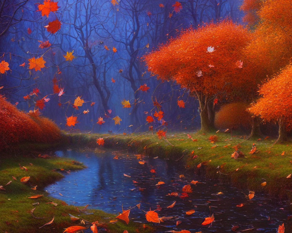 Tranquil Autumn Scene: Vibrant Orange Foliage, Falling Leaves, Blue River