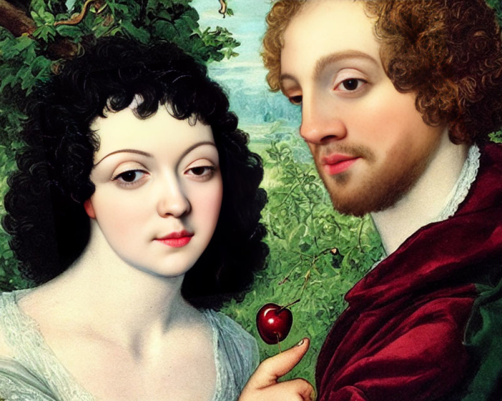 Classic Portrait of Man and Woman with Cherry in Lush Greenery