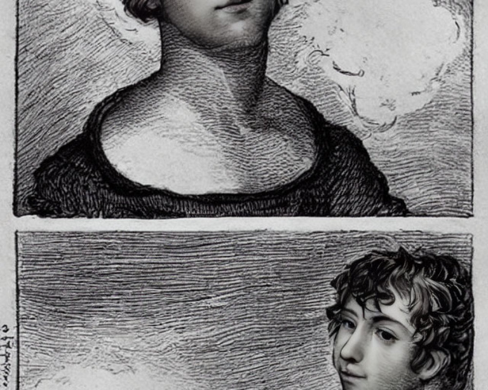 Two Etched Portraits of Person with Curly Hair in Different Views