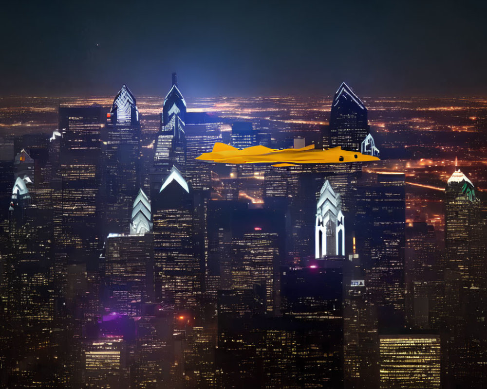 Yellow plane flying over illuminated cityscape at night