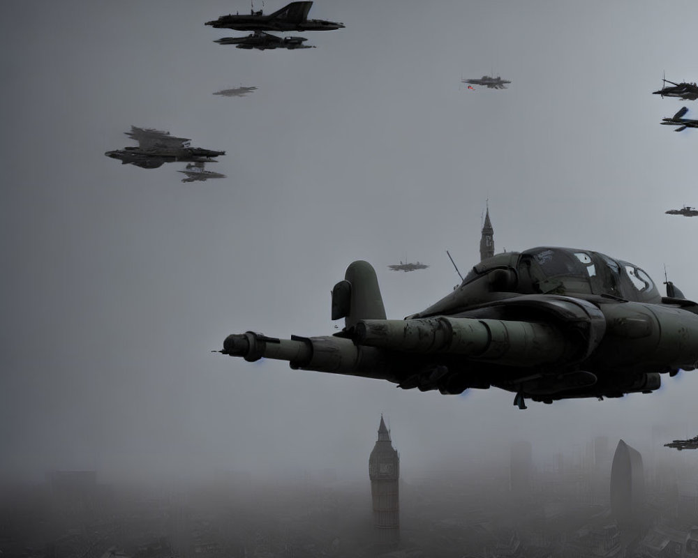 Military aircraft flying over foggy cityscape with Big Ben.