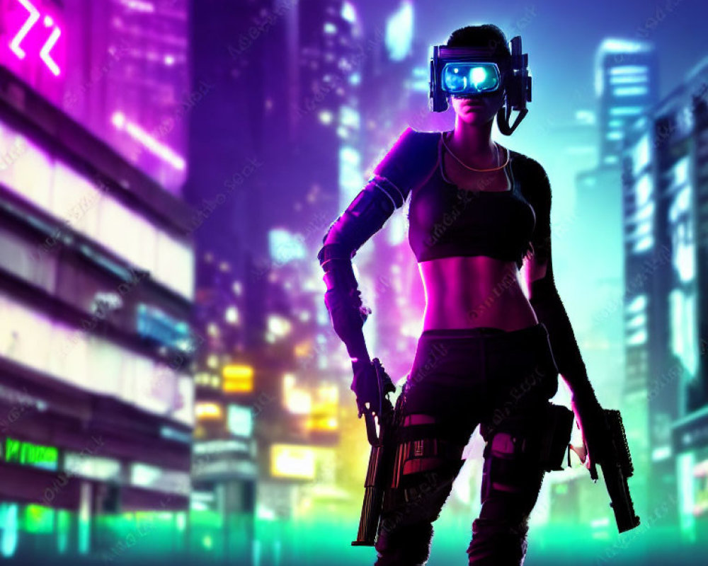 Futuristic city VR headset wearer in combat attire