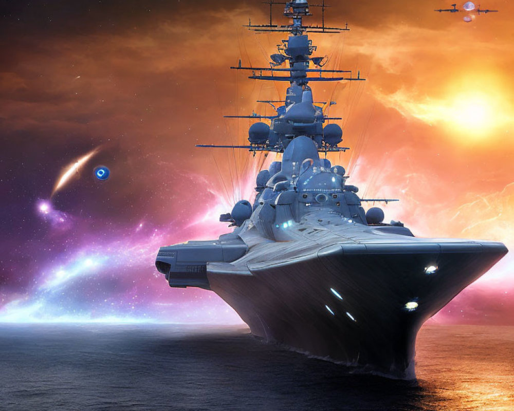 Futuristic battleship with advanced weaponry in vibrant cosmic setting