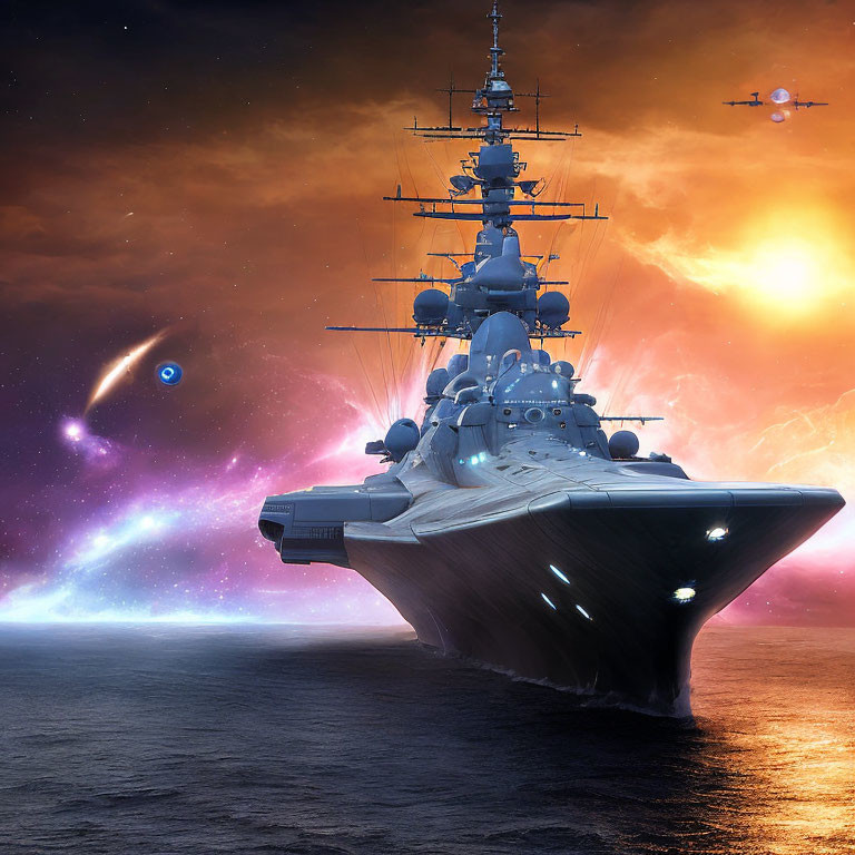 Futuristic battleship with advanced weaponry in vibrant cosmic setting