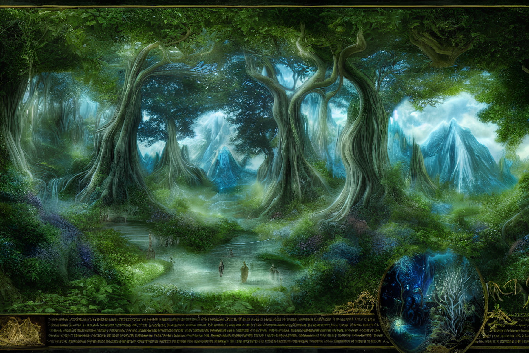 Fantasy forest with intertwined trees, misty river, icy mountains, and mystical symbols.