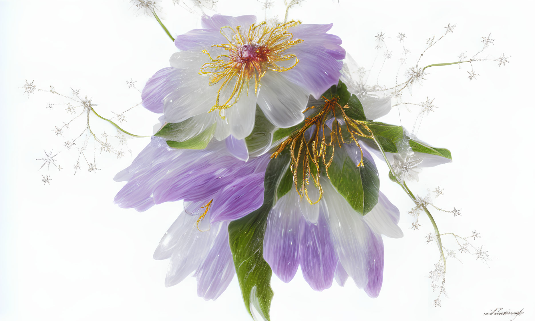 Translucent Purple and White Flowers with Golden Stamens on White Background